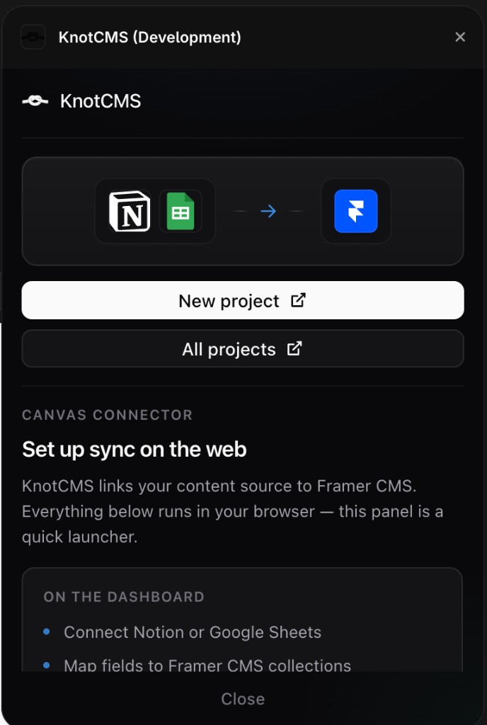 KnotCMS Framer plugin panel with New project and All projects buttons