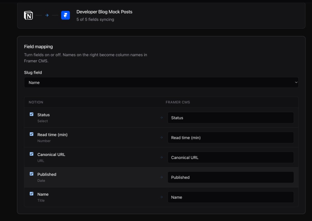 Mapping step with field toggles and Create and sync button
