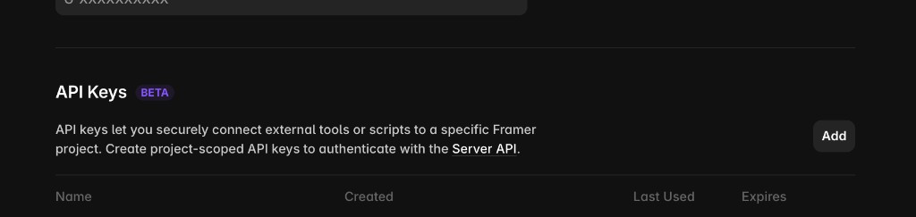 Framer Site settings API Keys section with Add button
