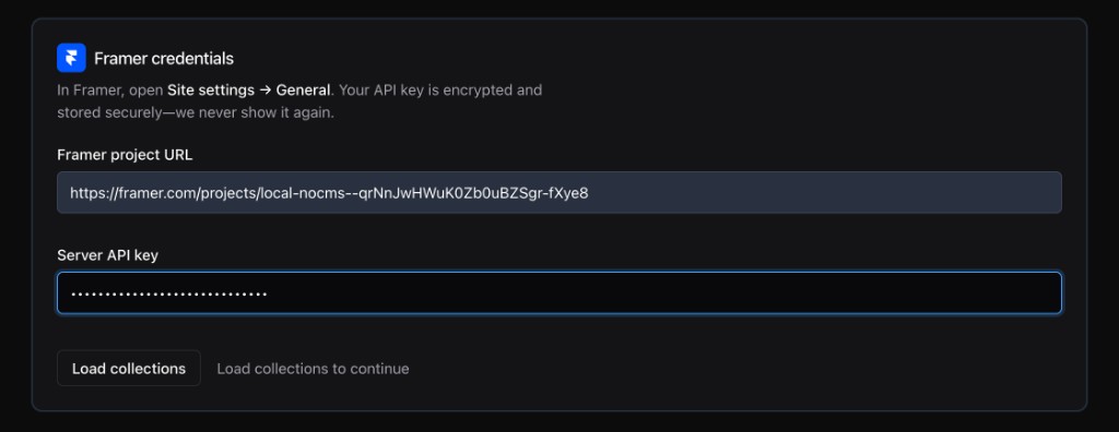 KnotCMS Framer step with project URL and Server API key fields
