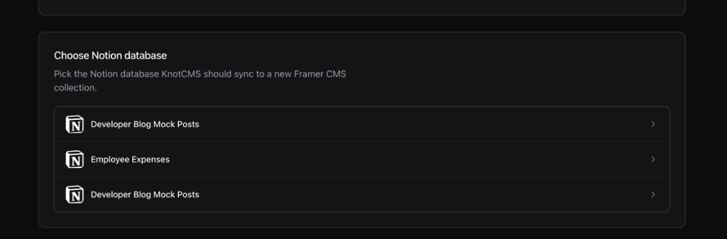 Choose Notion database for new Framer collection path