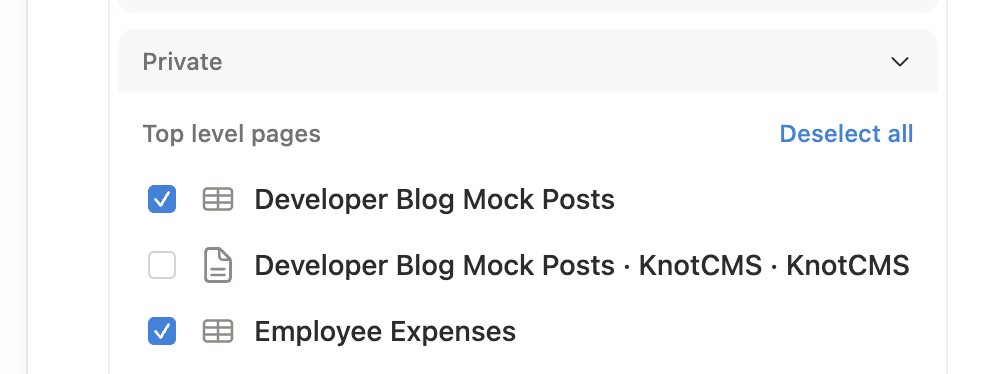 Notion page access picker with databases selected