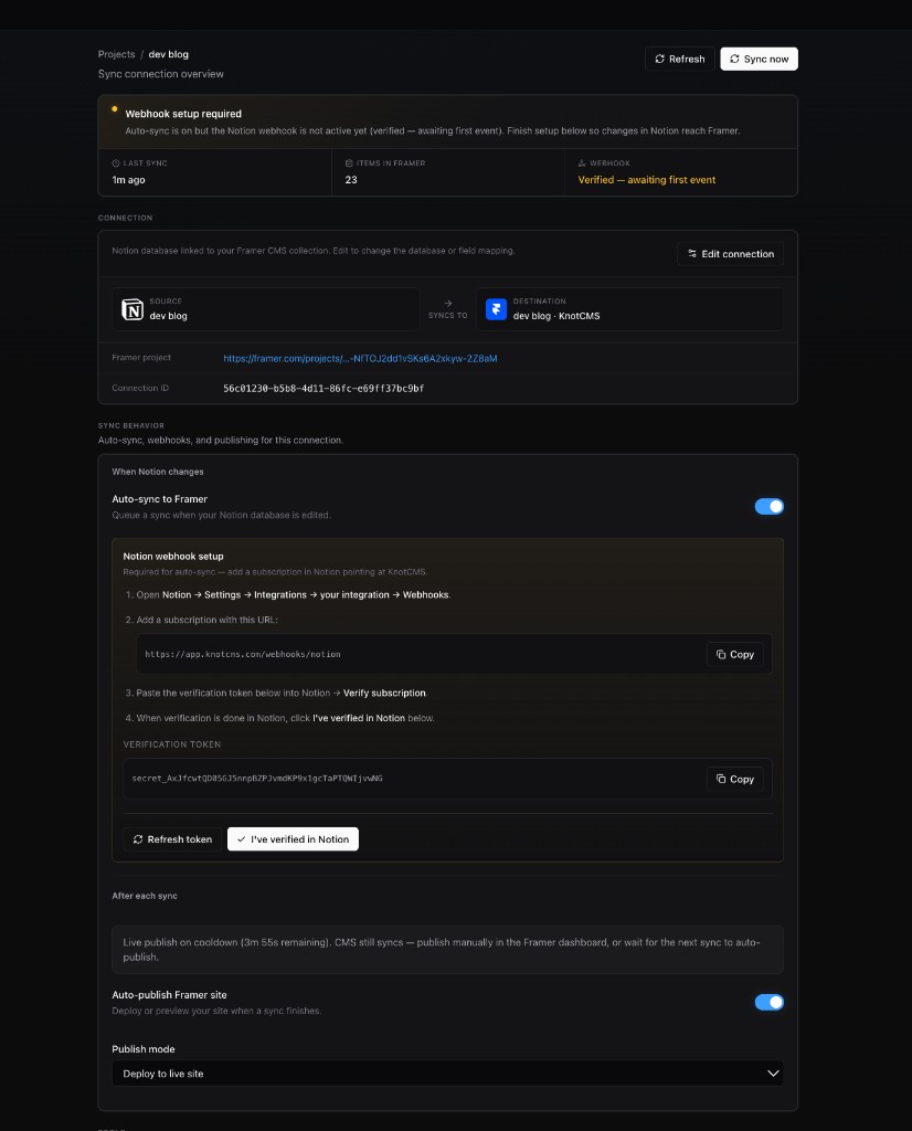 Project page after Create and sync showing Last sync and Items in Framer