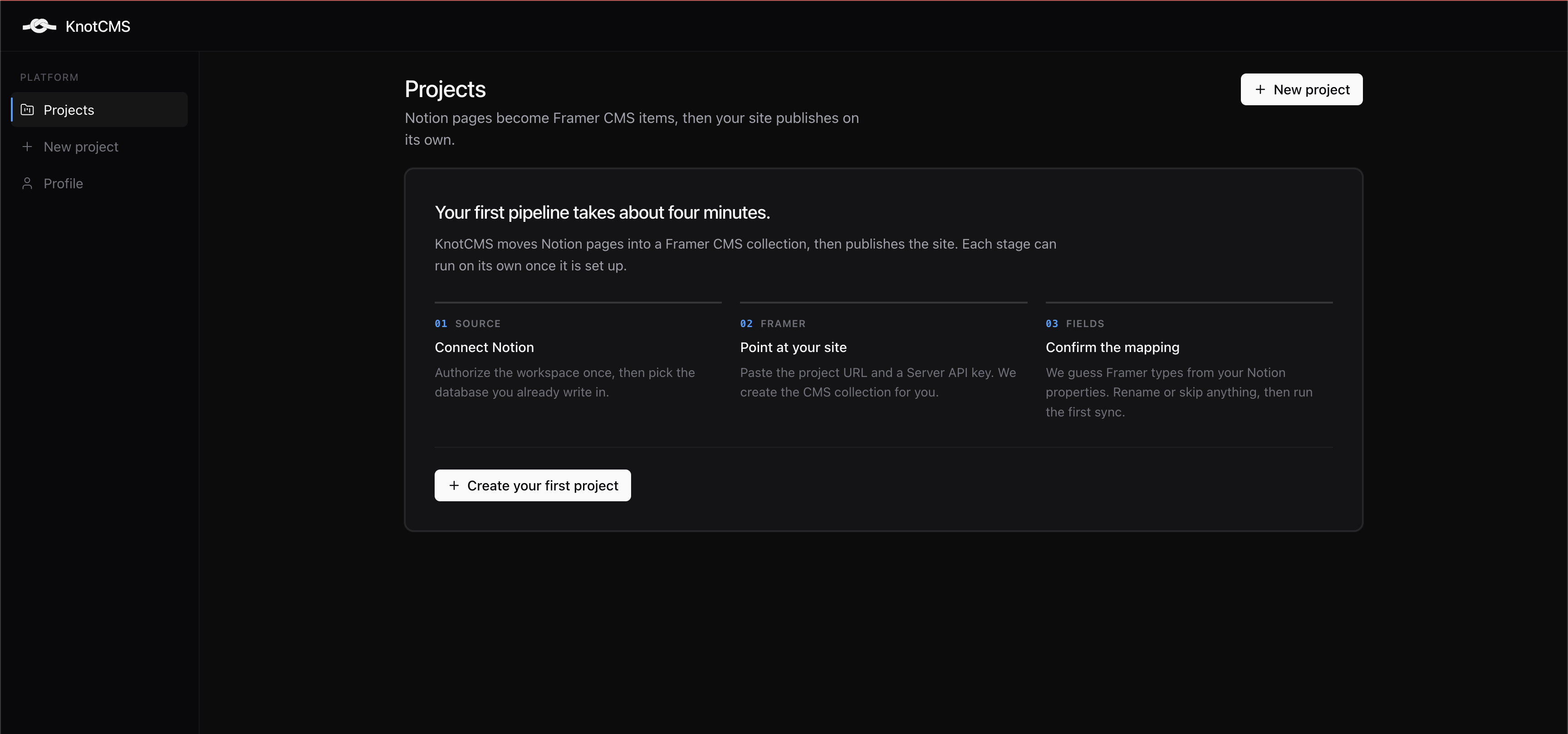 Empty Projects page with Create your first project and New project buttons