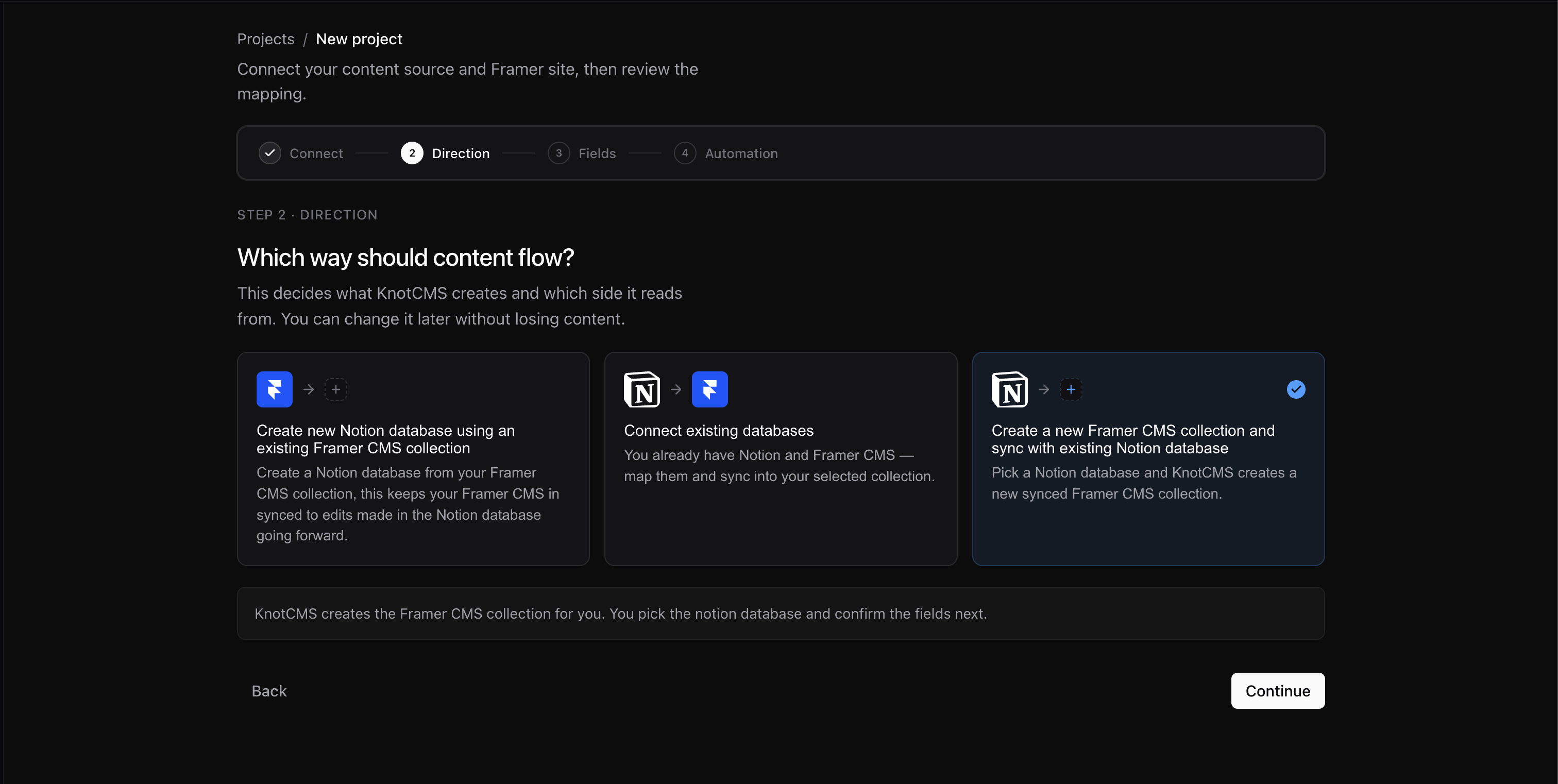 Direction step showing all three setup cards, with the new Framer collection path selected