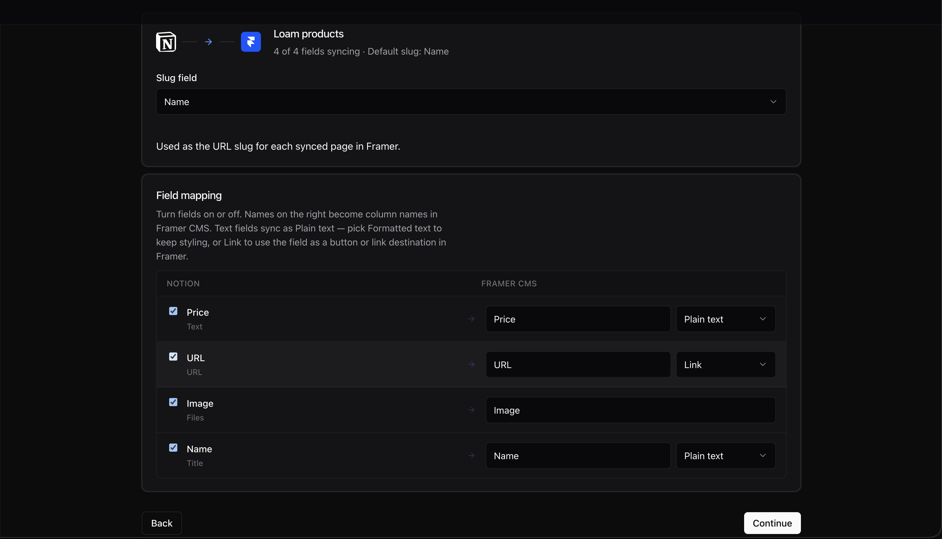 Field mapping with Name selected as the slug and enabled Price, URL, Image, and Name properties