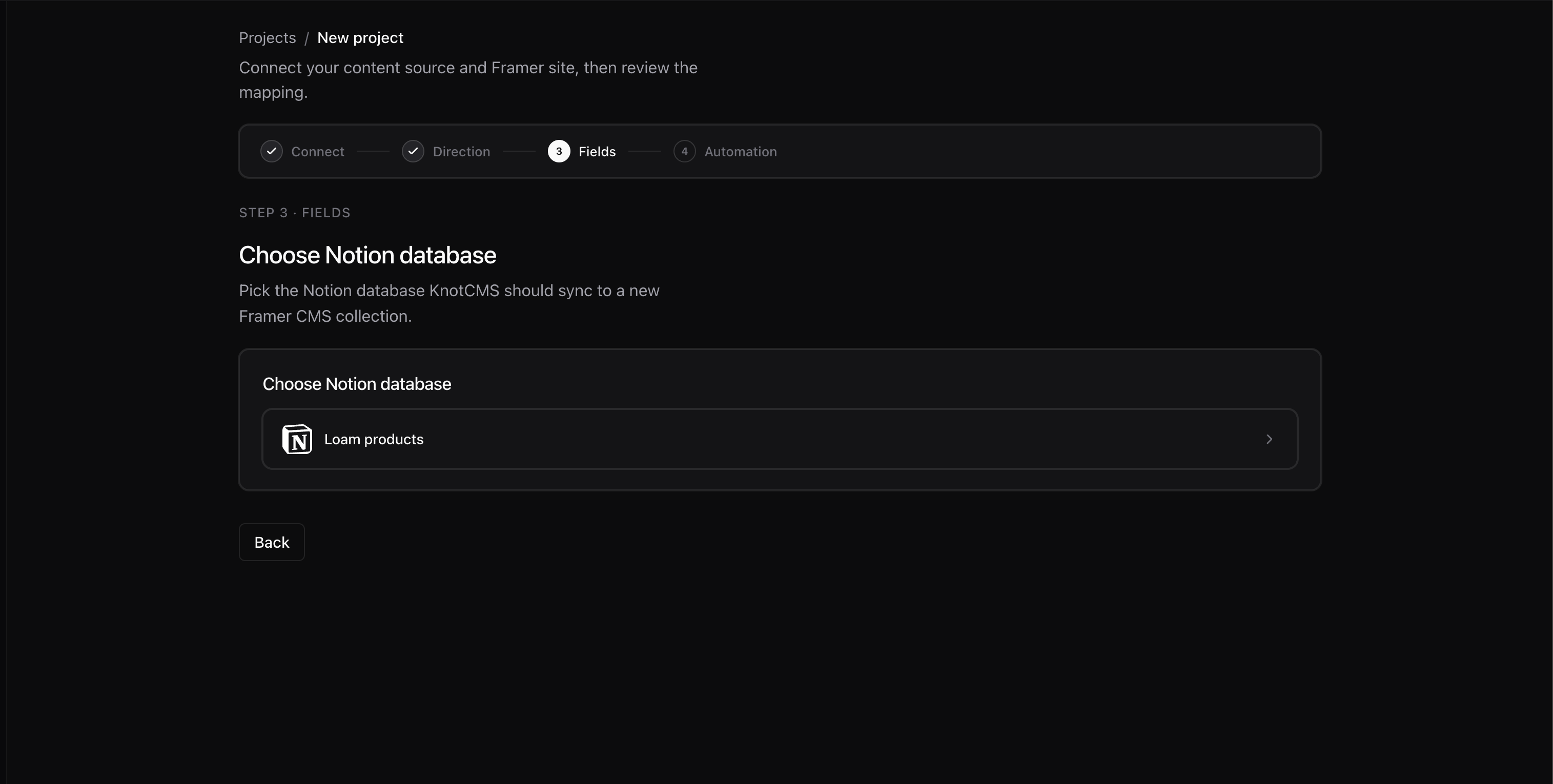 Fields step showing the Notion database picker with Loam products available