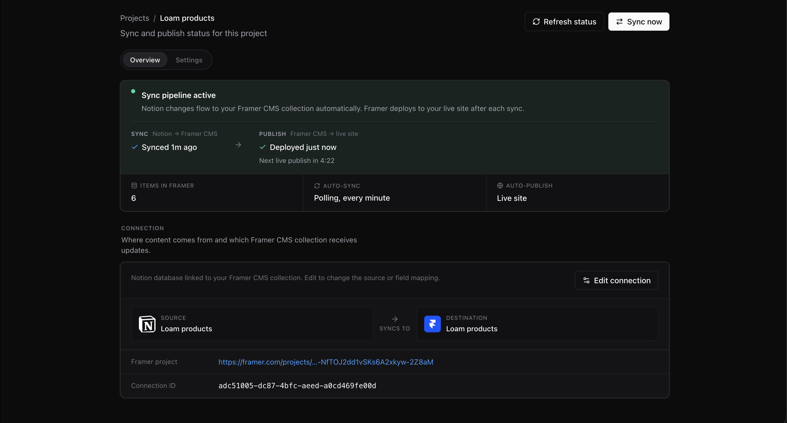 Completed project showing Synced, Deployed, six items in Framer, and Polling every minute