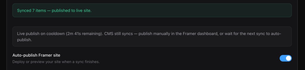 Sync success banner, publish cooldown message, and auto-publish toggle
