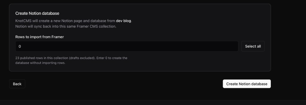 Notion step with Framer to Notion path and import row count at zero