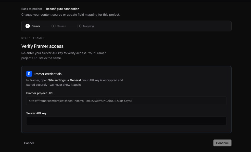 Reconfigure wizard step 1 Framer with API key verification