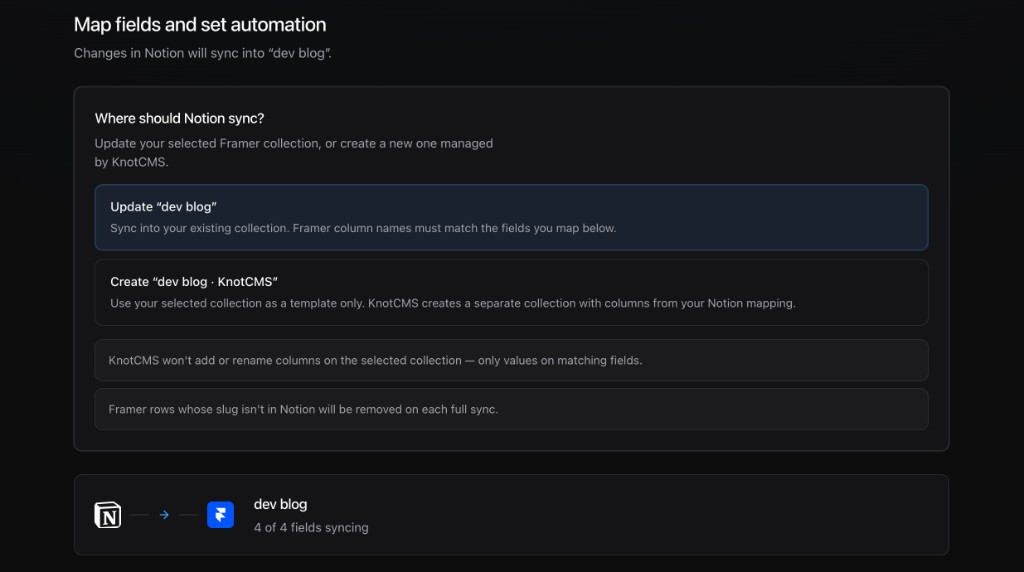 Update selected Framer collection sync destination selected