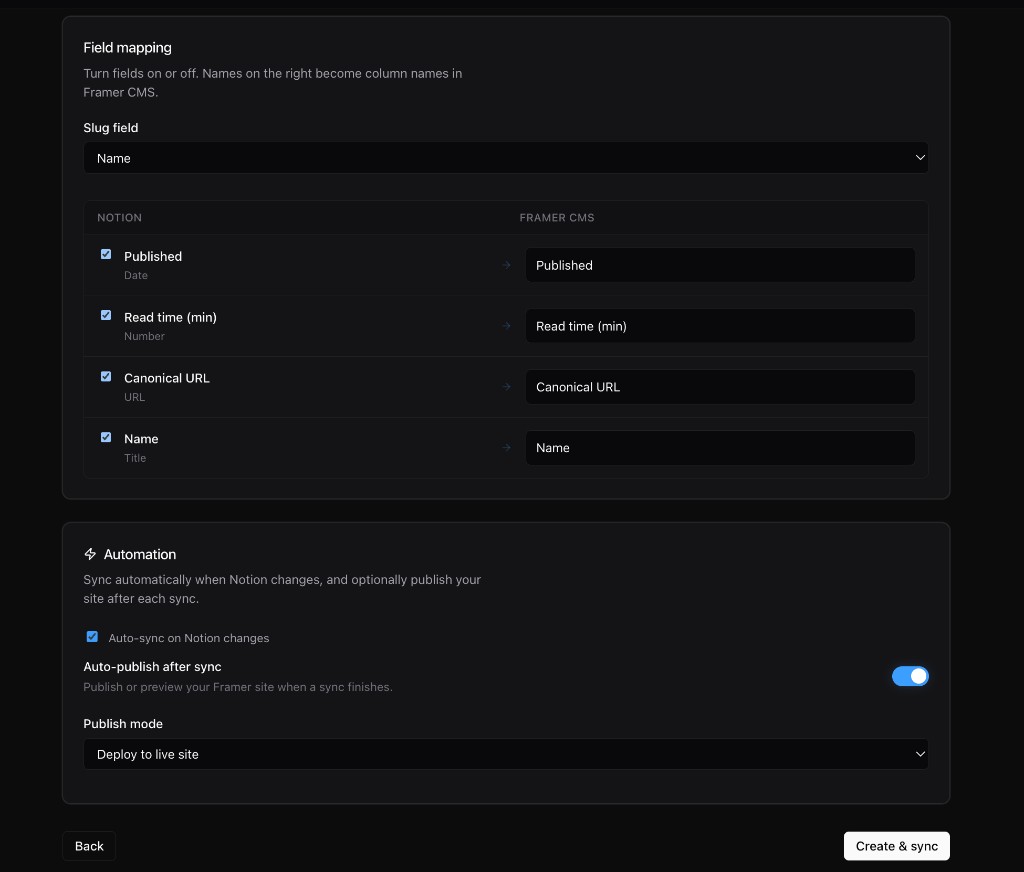 Field mapping and Create and sync on mapping step