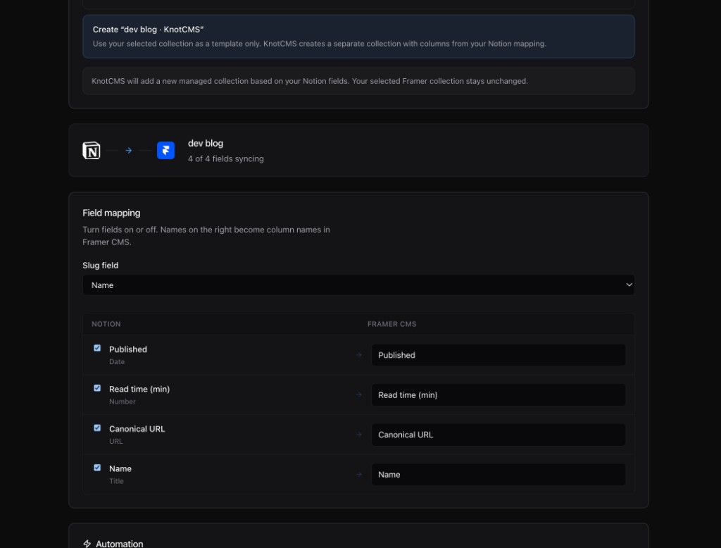 Create new KnotCMS managed collection sync destination selected