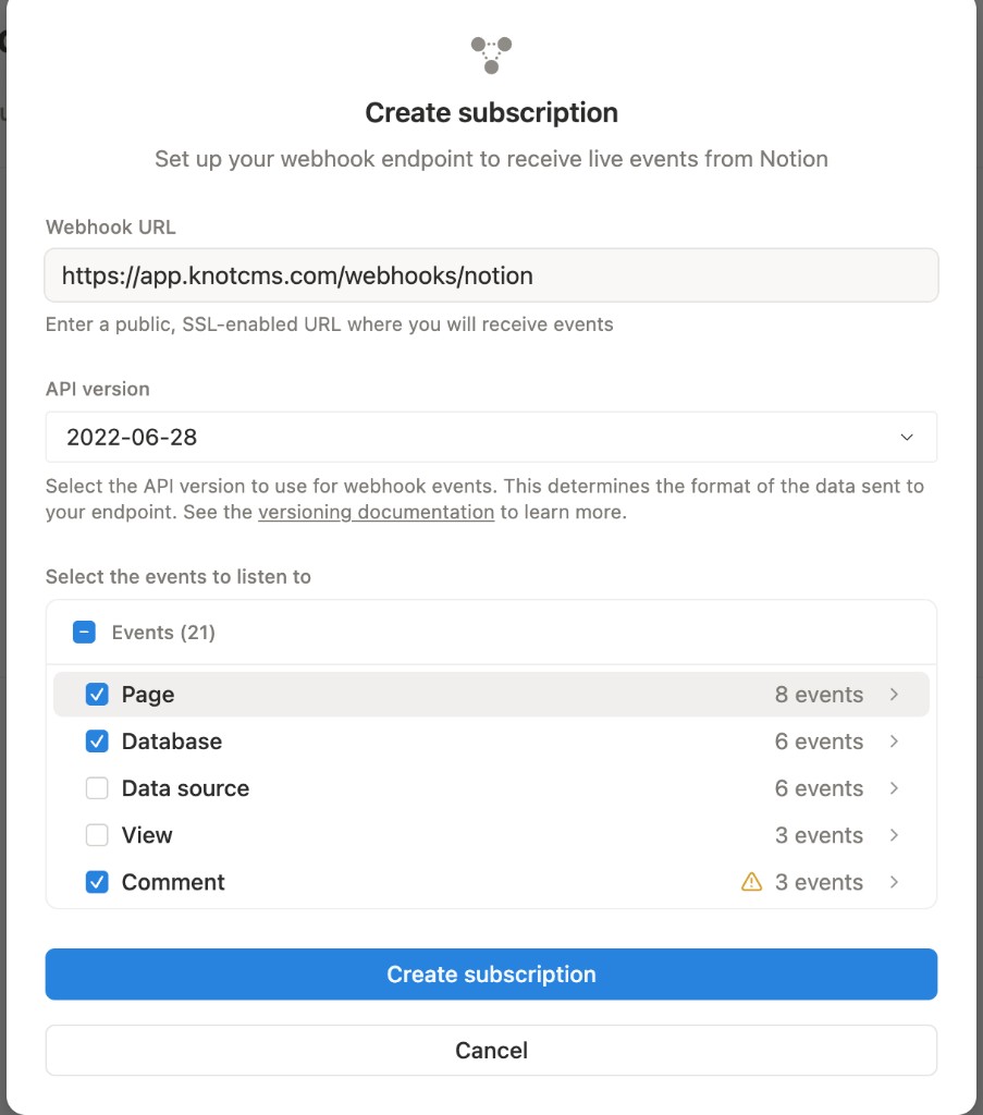 Notion Create subscription modal with KnotCMS webhook URL
