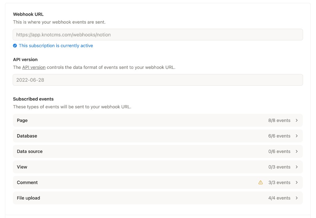 Notion webhook subscription active