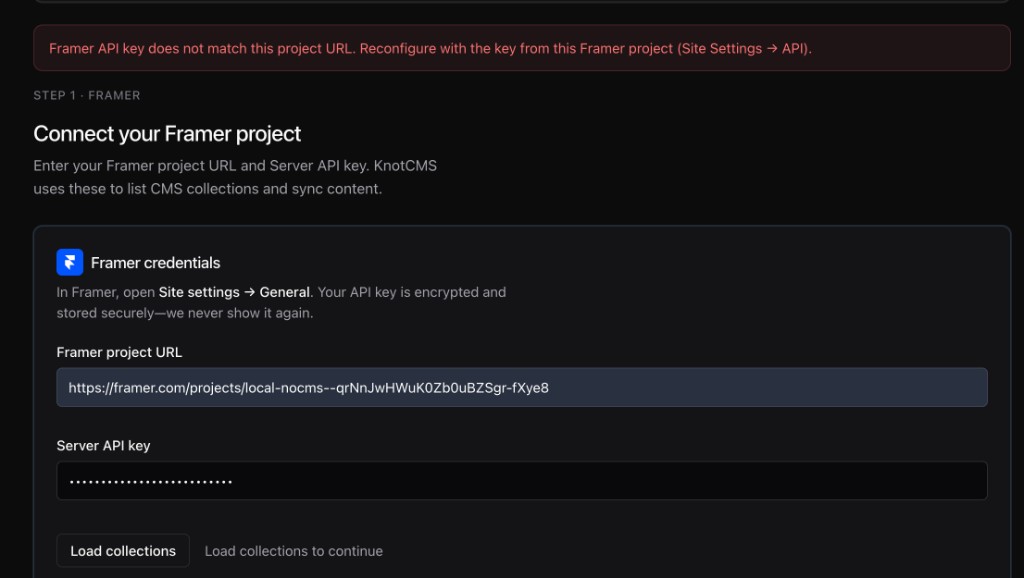 Framer API key mismatch error during setup